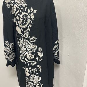 Zara Black Dress with White Floral Paisley Print, Long Sleeve